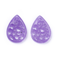 Lilac Carved Natural White Jade Pendants, Dyed, Teardrop, Lilac, 25x17x1~3mm, Hole: 1mm