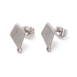 Stainless Steel Color 201 Stainless Steel Stud Earring Findings, with Ear Nuts and 304 Stainless Steel Pins, with Horizontal Loops, Rhombus, Stainless Steel Color, 13x8.5mm, Hole: 1mm, Pin: 0.7mm