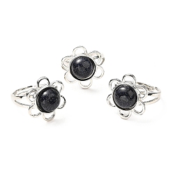 Blue Goldstone Synthetic Blue Goldstone Adjustable Rings, Platinum Tone Flower Brass Rings for Women, Cadmium Free & Lead Free, US Size 7 3/4(17.9mm), 3~7mm