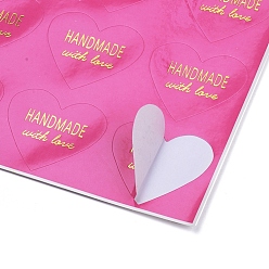 Ярко-Розовый Наклейки на день Святого Валентина, этикетки наклейки наклейки, для подарочной упаковки, сердце со словом ручной работы с любовью, ярко-розовый, 28x32 мм