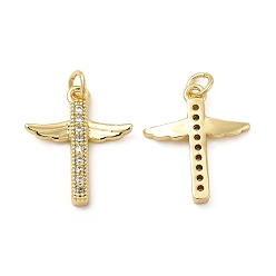 Real 18K Gold Plated Brass Micro Pave Clear Cubic Zirconia Connector Charms, Cross Wing Links, Real 18K Gold Plated, 20x17x2.5mm, Hole: 1mm