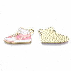 Pink Chaussures émail alliage pendentifs, sans cadmium et sans nickel et sans plomb, or et de lumière, chaussures de tennis, rose, 14x25.5x1.5mm, Trou: 2mm