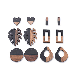 Black Resin & Walnut Wood Pendants, Tropical Leaf Charms, Flat Round & teardrop, & Rectangle & Heart & Monstera Leaf, Black, 12pcs/set