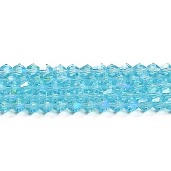 Light Sky Blue Transparent Electroplate Glass Beads Strands, AB Color Plated, Faceted, Bicone, Light Sky Blue, 4x4mm, Hole: 0.8mm, about 87~98pcs/strand, 12.76~14.61 inch(32.4~37.1cm)