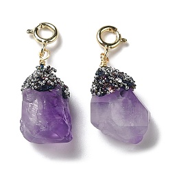 Amethyst Natural Amethyst Pendant Decorations, with Rhinestone and Rack Plating Brass Spring Ring Clasps, Nuggets, 27~36mm