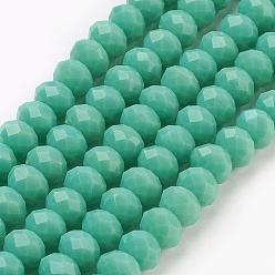 Aigue-Marine Moyen Chapelets de perles en verre, imitation verre de jade, facette, rondelle, aigue-marine moyenne, 6x4~5mm, Trou: 0.8~1mm, Environ 88~92 pcs/chapelet, 15.5 pouces ~ 16 pouces (39~45 cm)