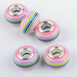 Pink Résine perles européennes, Perles avec un grand trou   , avec doubles cœurs en laiton argenté, stripe, rondelle, rose, 14x8~8.5mm, Trou: 5mm
