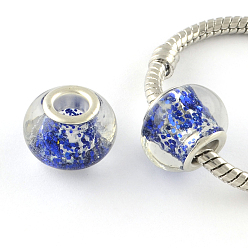 Bleu Chalumeau à la main européennes grosses perles de trous, avec de la poudre à l'intérieur de paillettes et d'argent noyaux en laiton de tonalité, rondelle, bleu, 14x9~10mm, Trou: 5mm