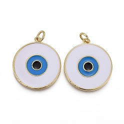 Real 18K Gold Plated Brass Enamel Pendants, with Jump Rings, Long-Lasting Plated, Flat Round with White Evil Eye, Real 18K Gold Plated, 22.5x20x2~2.5mm, Hole: 3mm