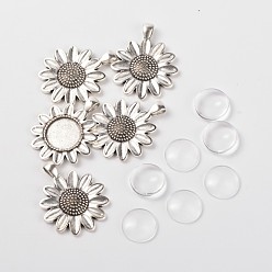 Antique Silver Sun Flower Alloy Pendant Cabochon Settings and Half Round/Dome Clear Glass Cabochons, Antique Silver, Cabochon Settings: Tray: 18mm, 43x34mm, Hole: 5mm, Glass Cabochons: 18x4mm
