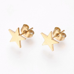 Golden 304 Stainless Steel Stud Earrings, Hypoallergenic Earrings, Star, Golden, 9.5x9.5x1mm
