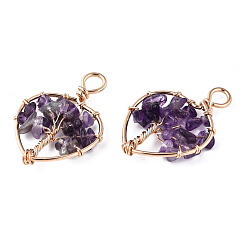 Amethyst Natural Amethyst Pendants, Golden Tone Brass Wire Wrapped, Tree, Heart, 37~38.5x26~27x5.5~7.5mm, Hole: 4mm