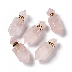 Rose Quartz Faceted Bullet Natural Rose Quartz Perfume Bottle Pendants, Essentail Oil Diffuser Charm, with Golden Tone Metal Findings, for Jewelry Making, 42~45x16~17x16~17mm, Hole: 2mm