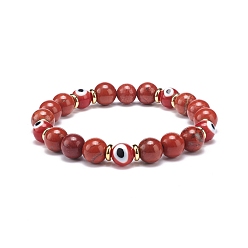 Красный Камень Круглый эластичный браслет из натуральной красной яшмы и лэмпворка сглаз с бусинами, украшения из драгоценных камней для женщин, внутренний диаметр: 2 дюйм (5.1 см)