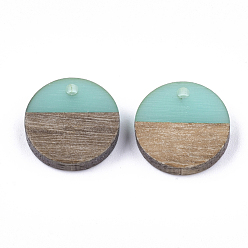 Pale Turquoise Resin & Walnut Wood Pendants, Flat Round, Pale Turquoise, 14~15x3~4mm, Hole: 1.8mm