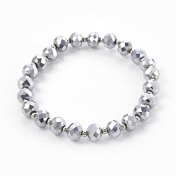 Platinum Plated Electroplate Glass Stretch Bracelets, with Brass Spacer Beads, Round, Platinum Plated, 2-1/8 inch(5.3cm)