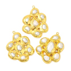 Oro Colgantes de latón, encantos de flores de perlas naturales, larga duración plateado, dorado, 45.5~46x35x9.5 mm, agujero: 1.8 mm