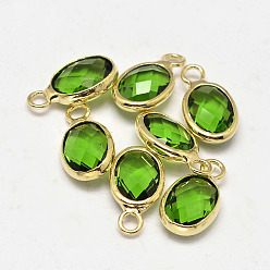 Lime Green Oval Faceted Golden Tone Brass Glass Charms, Lime Green, 12x7x3.5mm, Hole: 1mm