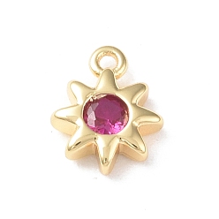 Medium Violet Red Brass Charms, with Glass, Sun Charm, Real 18K Gold Plated, Medium Violet Red, 8.5x7x2mm, Hole: 0.9mm