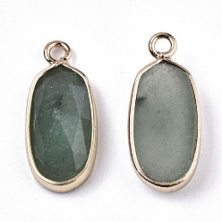 Green Aventurine Natural Green Aventurine Pendants, with Light Gold Plated Brass Edge and Loop, Oval, Faceted, 18x8x4mm, Hole: 1.6mm