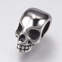 Antique Silver 304 Stainless Steel European Beads, Large Hole Beads, Skull, Antique Silver, 9.5x7.5x10mm, Hole: 5mm