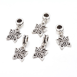 Antique Silver Alloy European Dangle Charms, Butterfly, Antique Silver, 27mm, Hole: 5mm