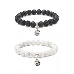 Lava Rock 2Pcs 2 Style Natural Lava Rock & Howlite Round Beaded Stretch Bracelets Set with Alloy Yin Yang Charms, Essential Oil Gemstone Jewelry for Women, Inner Diameter: 2-1/4 inch(5.6cm), 1Pc/style