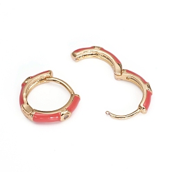 Red Brass Micro Pave Clear Cubic Zirconia Huggie Hoop Earrings, with Enamel, Red, 16x3mm, Pin: 1mm