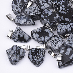 Obsidienne De Flocon De Neige Flocon de neige naturelle pendentifs en obsidienne, avec cliquet en acier inoxydable, nuggets, 15~35x10~20x5~15mm, Trou: 3x7.5mm