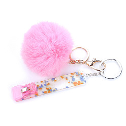 Rose Nacré Porte-clés boule de laine, avec accessoires en fer et porte-cartes en pvc et acrylique, perle rose, 10x2 cm