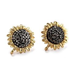 Black Brass Dangle Stud Earrings, with Polymer Clay Rhinestone and Ear Nuts, Sunflower, Black, 23x20.5x5.5~6mm, Hole: 1.4mm, Pin: 0.7mm