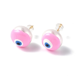 Rose Nacré Clous d'oreilles mauvais œil en coquillage naturel avec émail, bijoux en laiton plaqué or véritable 18k pour femmes, perle rose, 14mm, pin: 0.8 mm