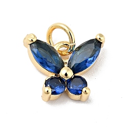 Medium Blue Rack Plating Brass Micro Pave Cubic Zirconia Charms, with Jump Ring, Cadmium Free & Lead Free, Real 18K Gold Plated, Butterfly Charms, Medium Blue, 12.5mm, Hole: 3mm