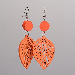Dark Orange Trendy Leaf Wood Dangle Earrings, with Platinum Plated Iron Earring Hooks, Dark Orange, 90x34mm, Pin: 0.8mm