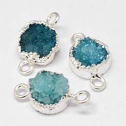 Medium Turquoise Electroplated Natural & Dyed Druzy Agate Links connectors, with Silver Color Plated Brass Findings, Flat Round, Medium Turquoise, 16~18x10~10.5x6~7mm, Hole: 2mm