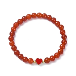 Красный Агат Эластичные браслеты из натурального сердолика с круглыми бусинами, браслет в форме сердца из сплава эмали для женщин, внутренний диаметр: 2-1/8 дюйм (5.4 см)