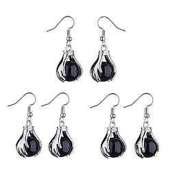 Obsidian Natural Obsidian Palm Dangle Earrings, Platinum Brass Jewelry for Women, 38.5mm, Pin: 0.6mm