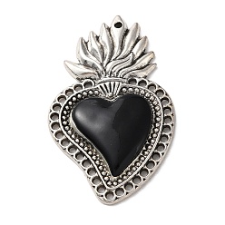 Heart Alloy Pendants, with Black Enamel, Antique Silver, Sacred Heart Charm, 48x29x4mm, Hole: 1.5mm
