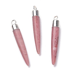 Rhodonite Natural Rhodonite Brass Pendants, Cadmium Free & Lead Free, Bullet Shaped, Silver Color Plated, 33~37x4~5mm, Hole: 2mm