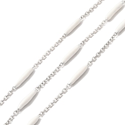White Enamel Column Link Chains, with 304 Stainless Steel Cable Chains, Unwelded, with Spool, White, 14~17x2~3mm and 1.5x2x0.5mm, about 32.81 Feet(10m)/Roll