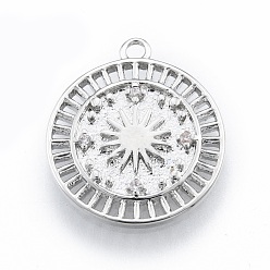 Real Platinum Plated Ion Plating(IP) Brass Micro Pave Clear Cubic Zirconia Pendants, Flat Round with Sun, Real Platinum Plated, 16.5x14x1.5mm, Hole: 1.2mm