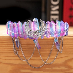 Fuchsia Moon & Chain Metal Hair Bands, Natural Quartz Crystal Wrapped Hair Hoop for Women Girl, Fuchsia, 150x130mm