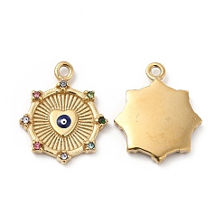 Real 18K Gold Plated Vacuum Plating 201 Stainless Steel Pendants, with Colorful Rhinestone and Enamel, Sun with Evil Eye Charms, Real 18K Gold Plated, 19x16x2mm, Hole: 1.5mm