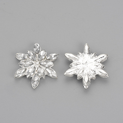 Silver Brass Rhinestone Flat Back Cabochons, with Acrylic Rhinestones, Snowflake, Silver Color Plated, 28x24x5mm