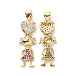 Real 18K Gold Plated Brass Cubic Zirconia Pendants, Girl & Heart Charm, Real 18K Gold Plated, 26.5x9.5x3.5mm, Hole: 3.5x4.5mm