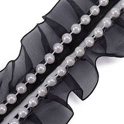 Negro Borde de encaje de poliéster, con cuentas de perlas de imitación, piso, negro, 1-1/8 pulgada (28 mm), 10 yarda / tarjeta