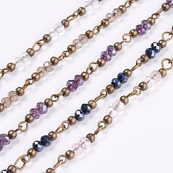 Mixed Color Handmade Glass Beaded Chains, Unwelded, with Iron and Brass Finding, Rondelle, Faceted, Mixed Color, 39.37 inch, 1m/strand