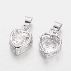 Platinum Heart Brass Cubic Zirconia Charms, Platinum, 12x9x4mm, Hole: 4x4mm