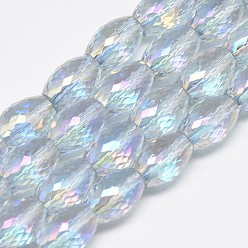 Cian Claro Abalorios de vidrio electrochapa, arco iris chapado, facetados, oval, cian claro, 11~12x8 mm, agujero: 1 mm, sobre 60 unidades / cadena, 27.56 pulgada