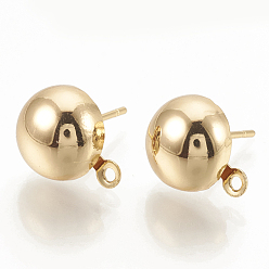 Real 18K Gold Plated Iron Stud Earring Findings, with Loop, Nickel Free, Half Round, Real 18K Gold Plated, 10.5x8mm, Hole: 1mm, pin: 0.5mm
